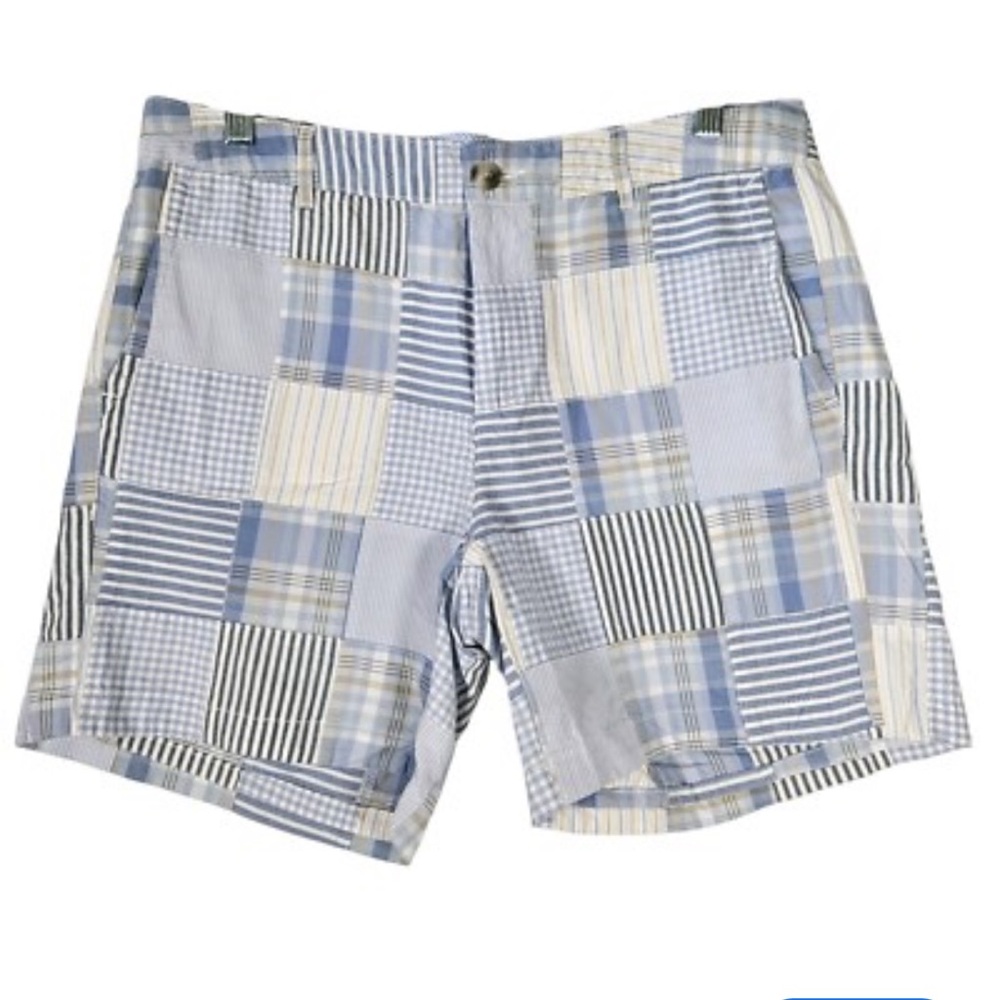L.L. Bean Patchwork Plaid Bermuda Shorts in Light Blue and White